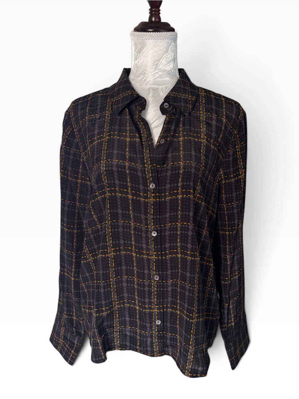 Ecru women’s Plaid Button-Up Shirt - Casual Long Sleeve